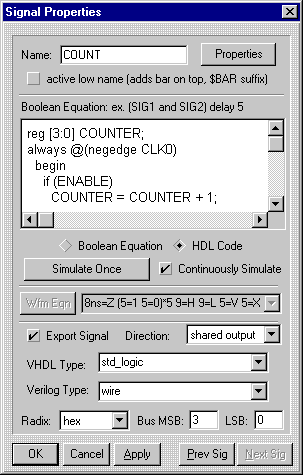 HDL code entered into the signal properties dialog
