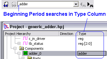 Verilog Simulator and Debugger can search for all
instances of a component by putting a period in front of the search stringn