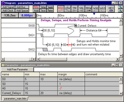Timing diagram editor has delays, setups, holds, and samples