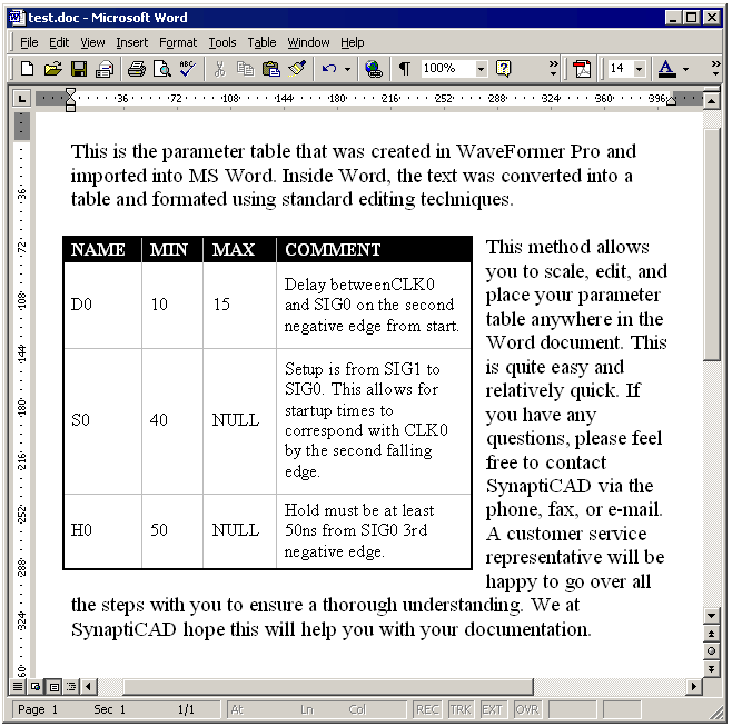 Parameter table that was created in WaveFormer Pro and imported into MS Word created.